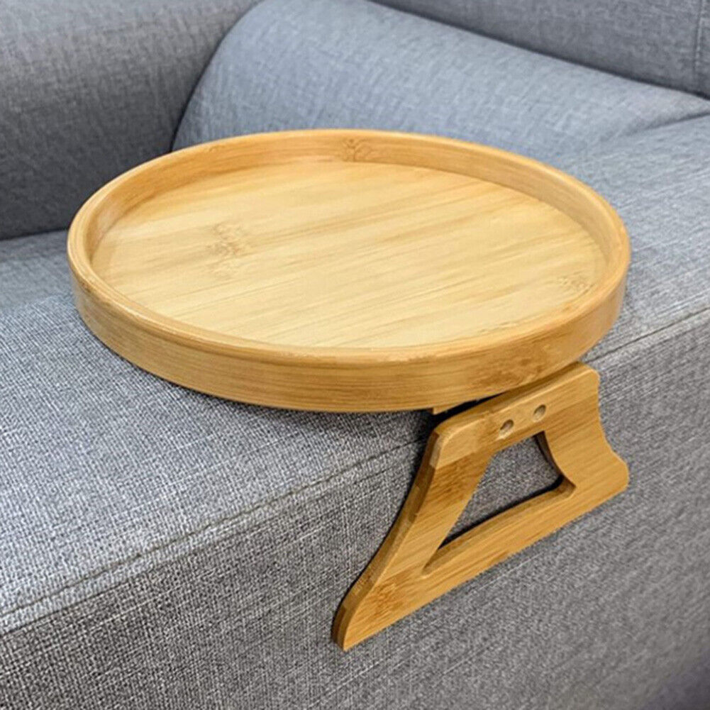 Round Bamboo Wood Tray Foldable Portable Sofa Armrest Breakfast Tea Table
