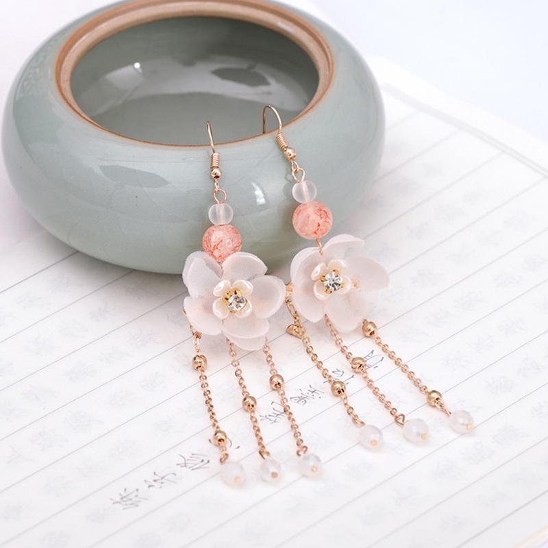 Women Chinese Hanfu Dress Jewelry Sets Tassel Floral Hairpins Earrings Hair Fork