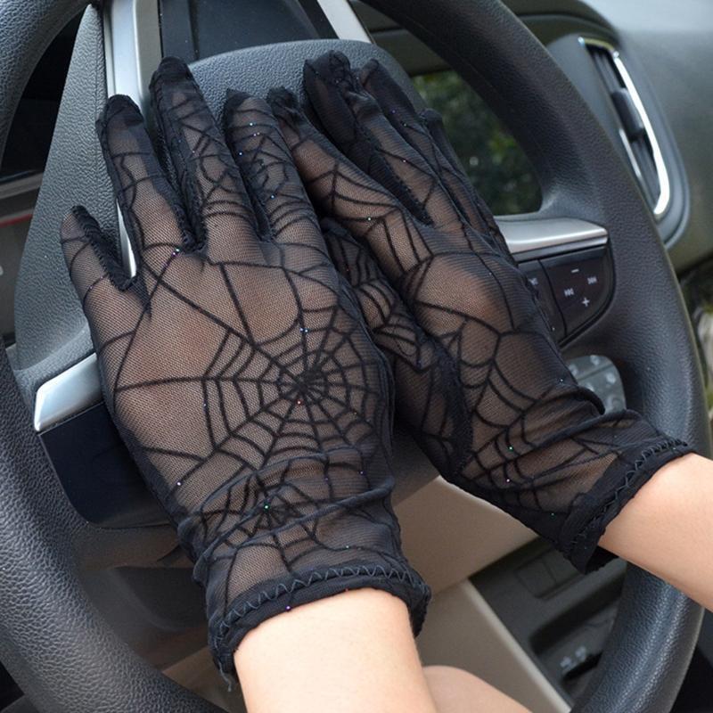 Sun UV Protection Lace Mitten Breathable Halloween Spider Web Full Finger Gloves