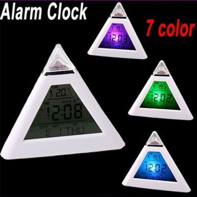 7 LED Colors Changing Pyramid Shaped Digital Alarm Clock Calendar Thermometer