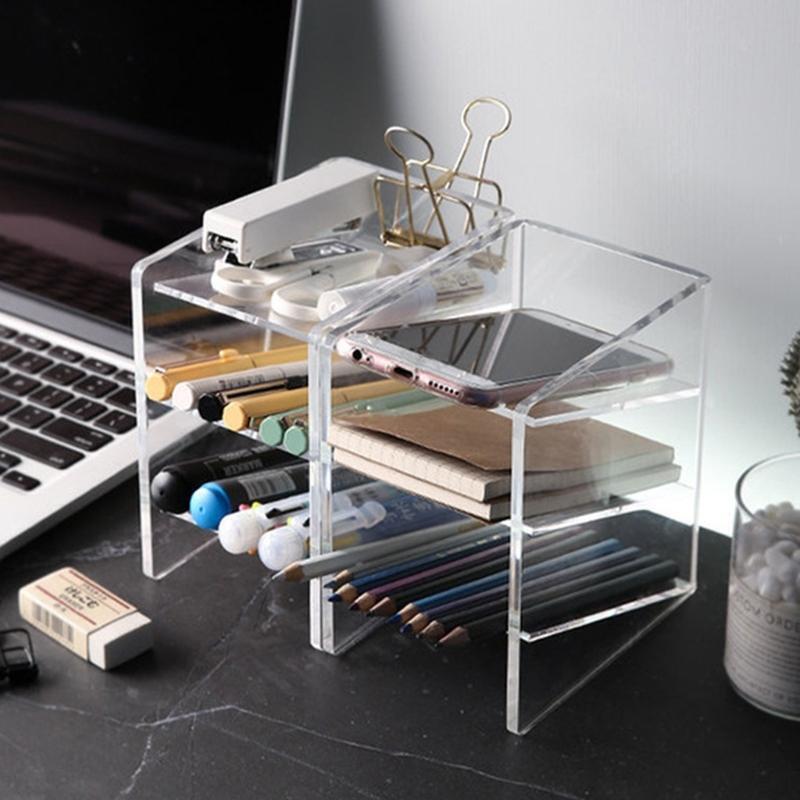 Desktop 3-grid Clear Pen Holder Transparent Makeup Tools Organizer Holder Box