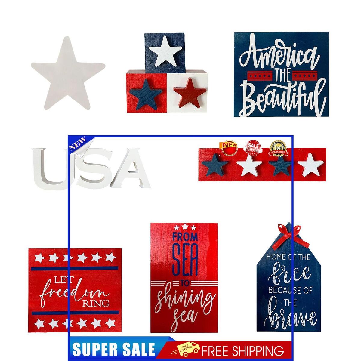Independence Day Patriotic Ornaments - Blue Red & White Wooden Craft Decor