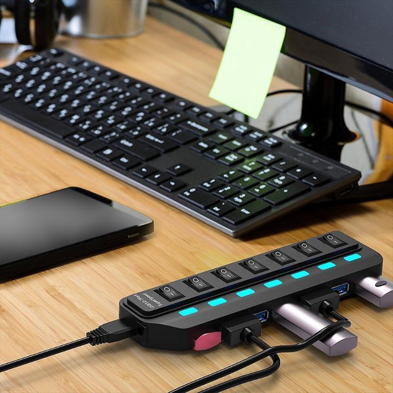 7 Port USB Data Hub USB Hub 3.0 Splitter with Individual On/Off Switches