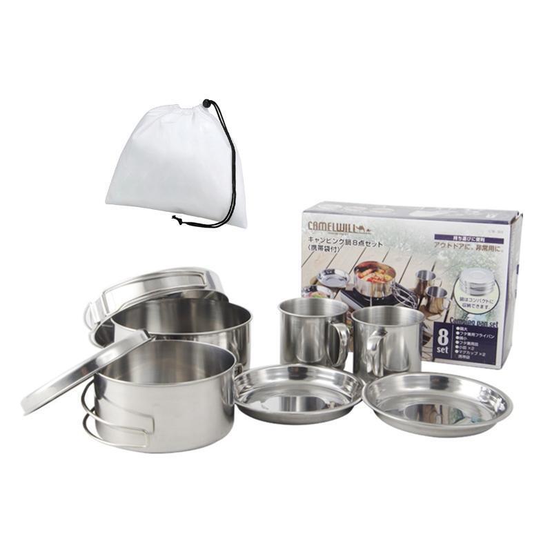 8 Pcs Stainless Steel Cookware Mess Kit Portable Compact Camping Pot Pans Cups