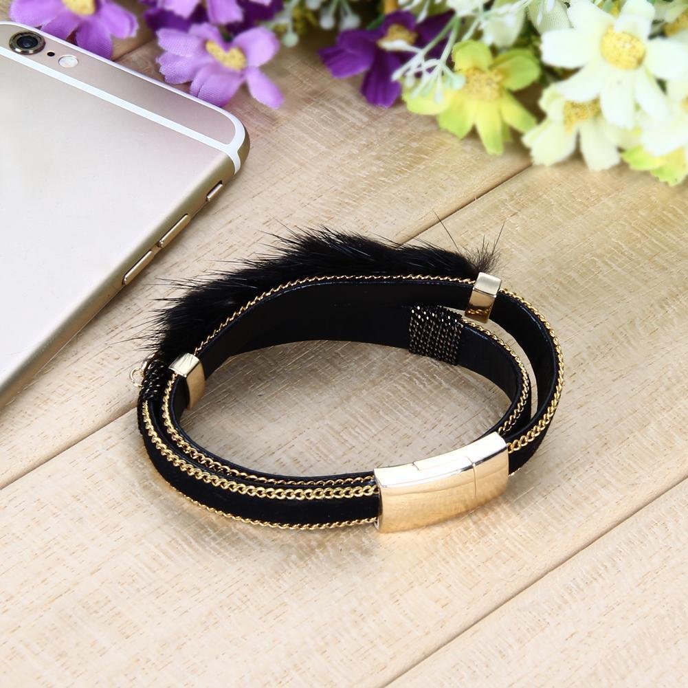 New Fashion Women Alloy Feather Leaves Magnetic Leather Bracelets Black