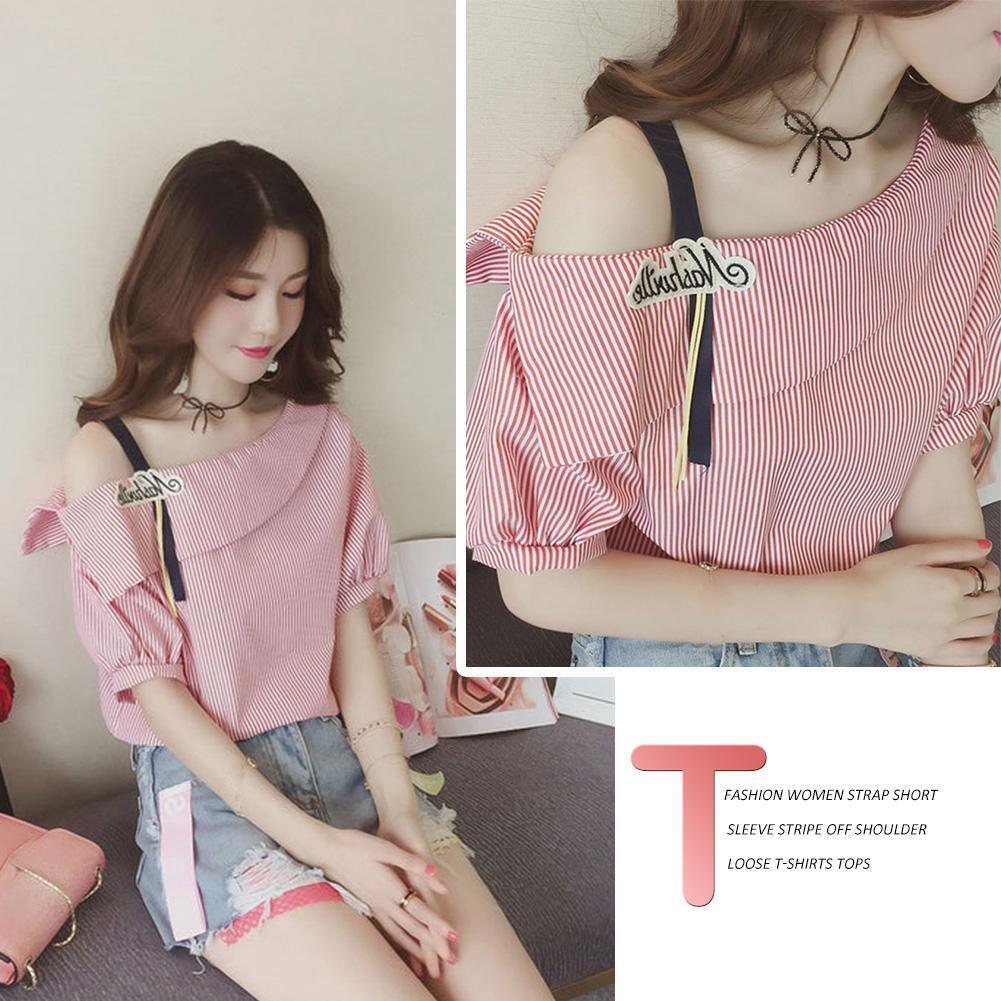 Fashion Women Short Sleeve Stripe Off Shoulder Loose T-Shirts Tops (Pink M)
