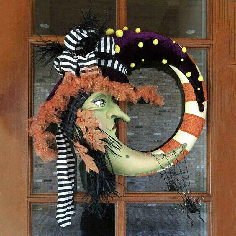 1pcs Halloween Wreath Outdoor Moon Maple Leaf Pendant Decor Door Hanging Wreath
