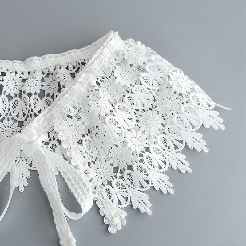 Women Pastoral White Faux Collar Shawl Embroidery Floral Lace Tassels Scarf Cape