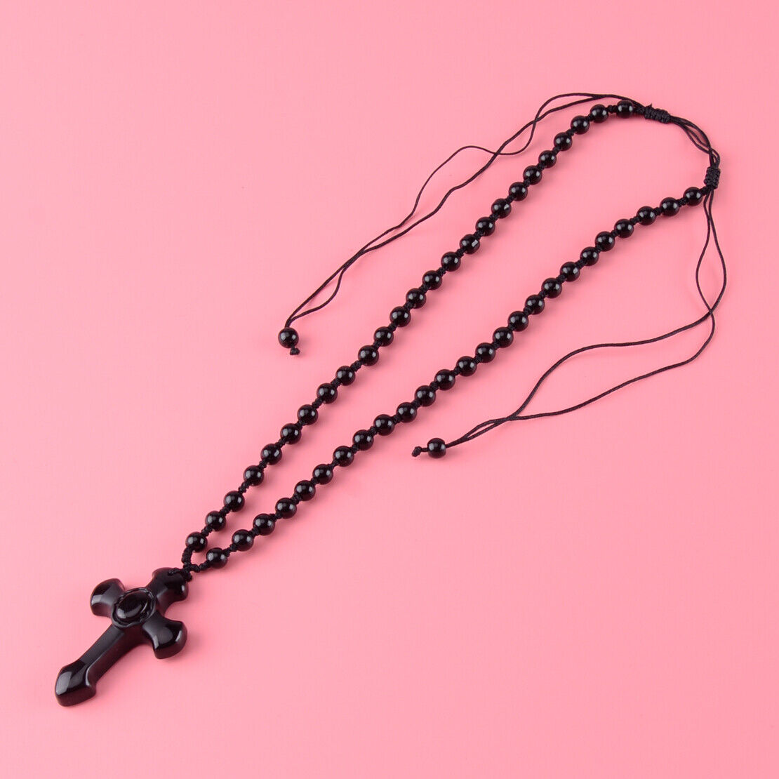 Pretty Natural Obsidian Hand Carved Cross Lucky Pendants Free Beads Necklace Li