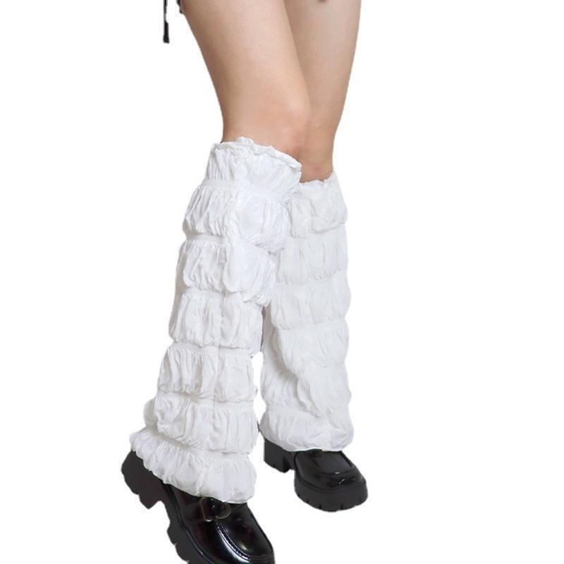 Women Lolita White Knee High Leg Warmers Wavy Ruched Bubble Foot Covers Socks
