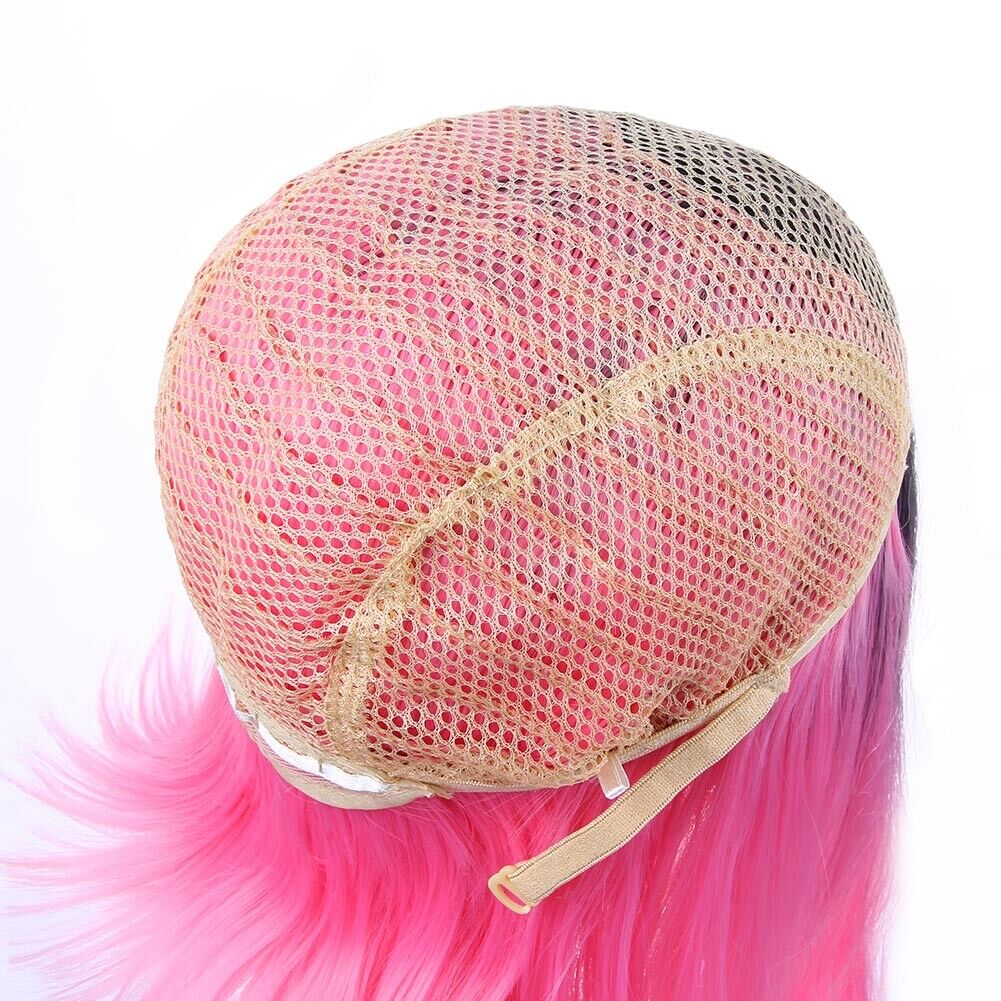 Women Medium-Long Straight Wigs Gradient Pink Heat Resistant Synthetic Hair