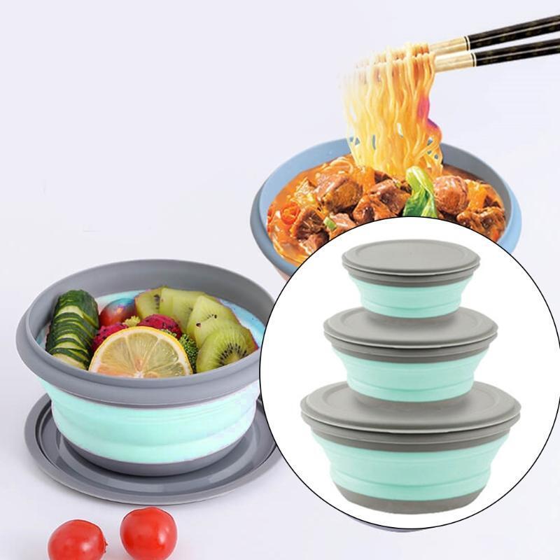 3Pcs Collapsible Silicone Bowl with Lid Set Foldable Snack Lunch Box Containers
