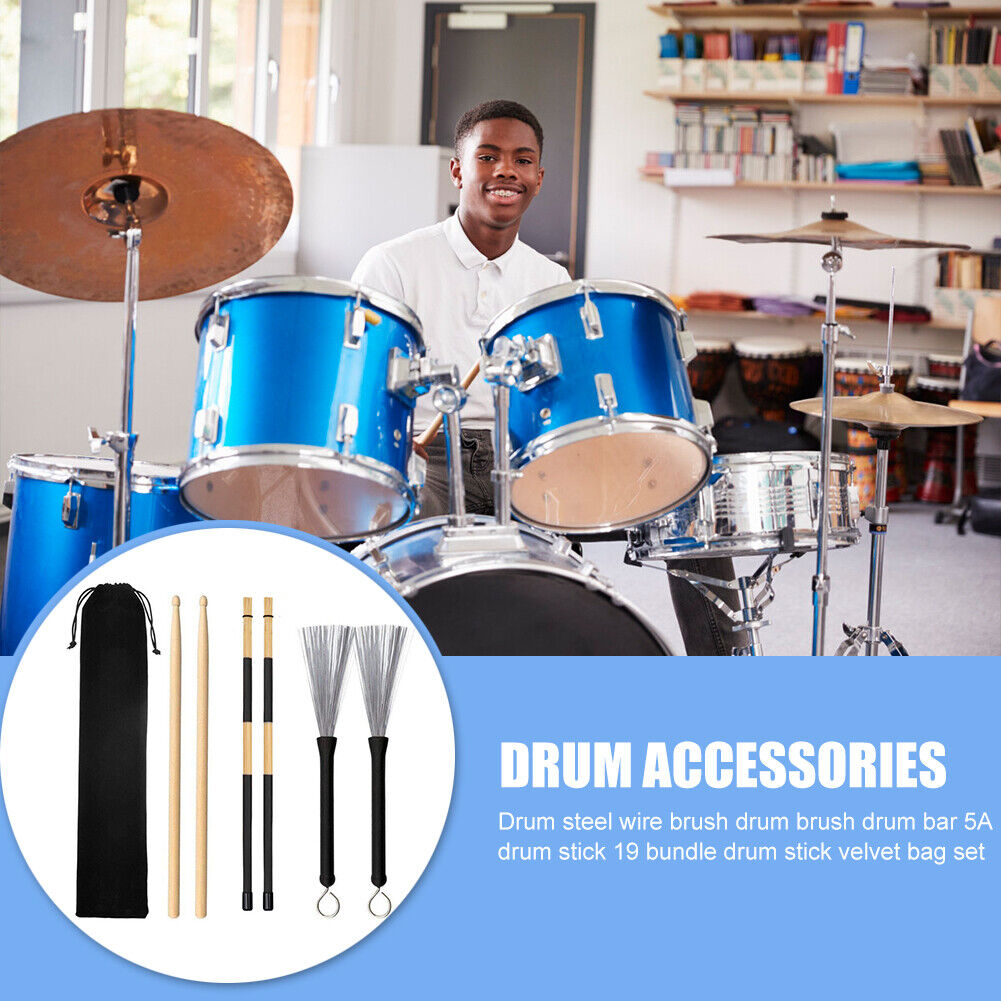 6x Drum Sticks Wood Drumsticks Wire Brush w/Carry Bag Percussion Instrument