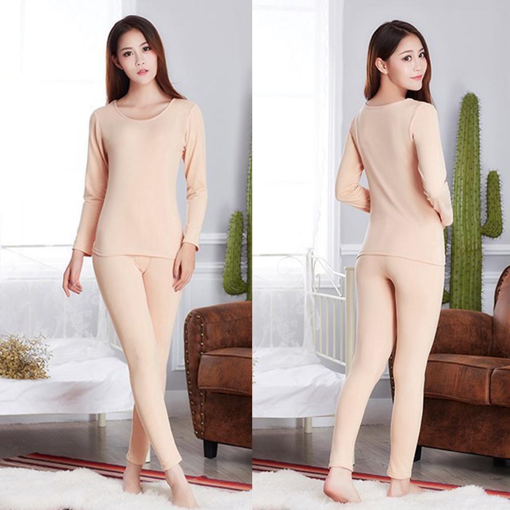 Autumn Winter Women Pajama Set Long Sleeve Warm Sleepwear (Skin Color)(L)