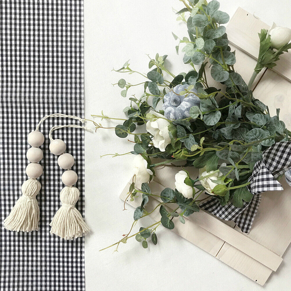 2pcs Wood Bead Garland with Hemp Rope Tassels Knob Rustic Country Decor