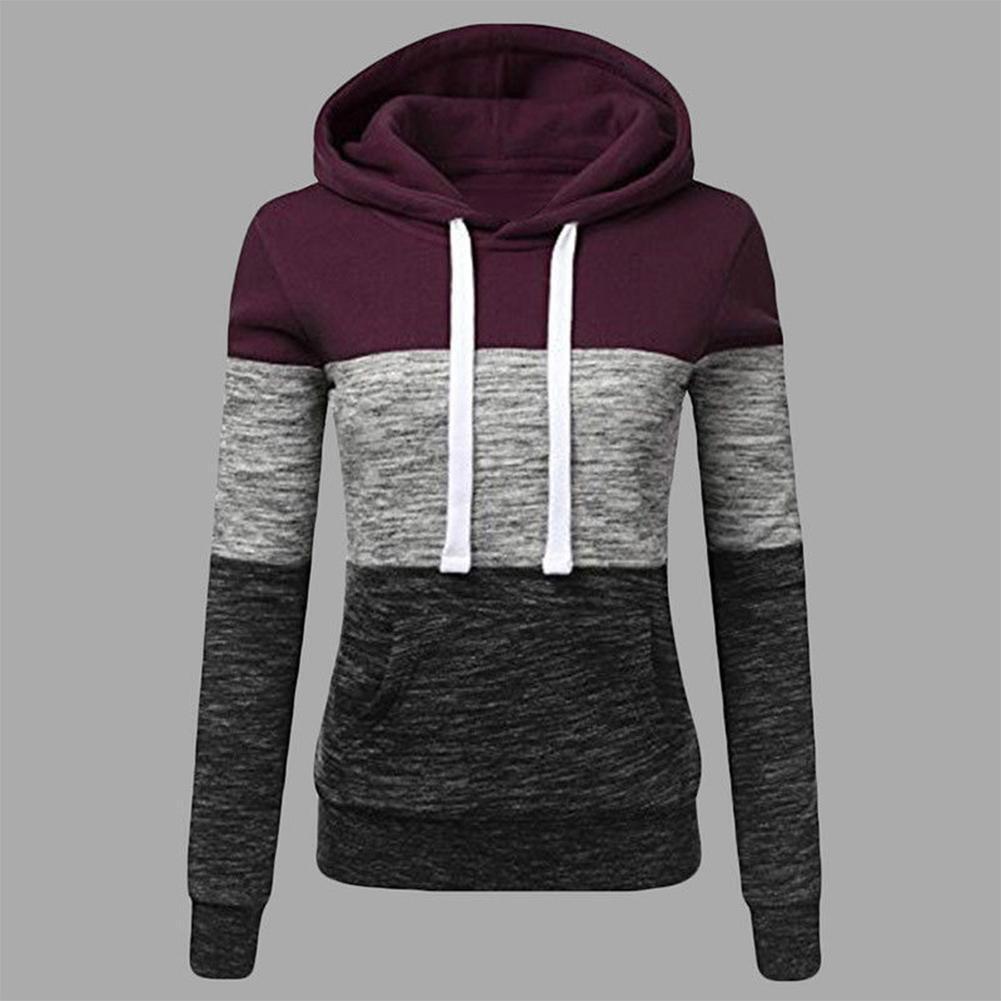 Stitching Women Long Sleeve Hit Color Autumn Leisure Hoodies (Red XL)