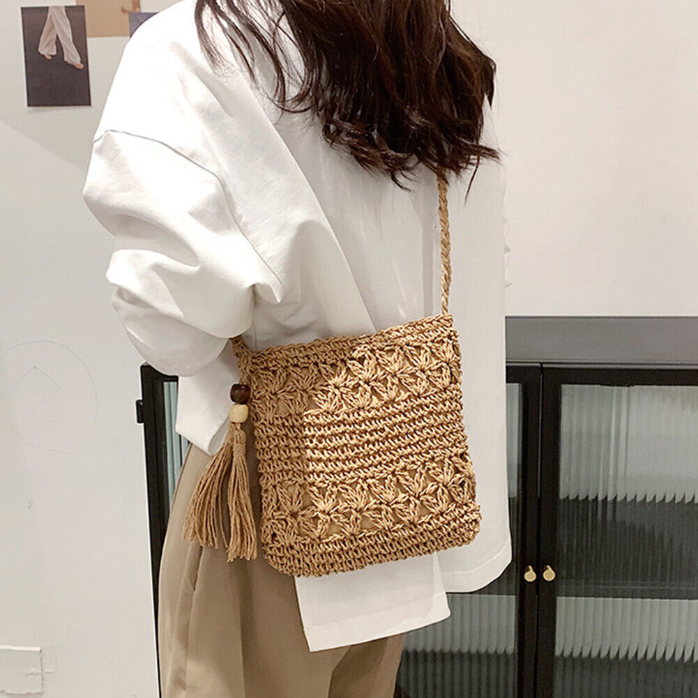 Woven Straw Crossbody Bag Small Women Boho Summer Handbag (Square Khaki)