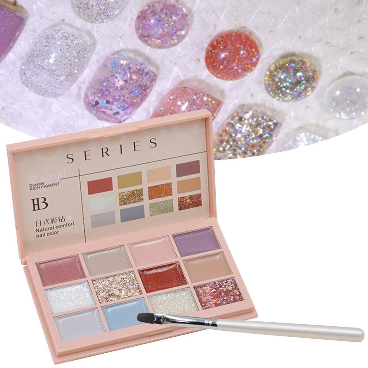 3 Pieces Solid Gel Nail Polish Palette Kit Glitters Design Salon Nail Glue
