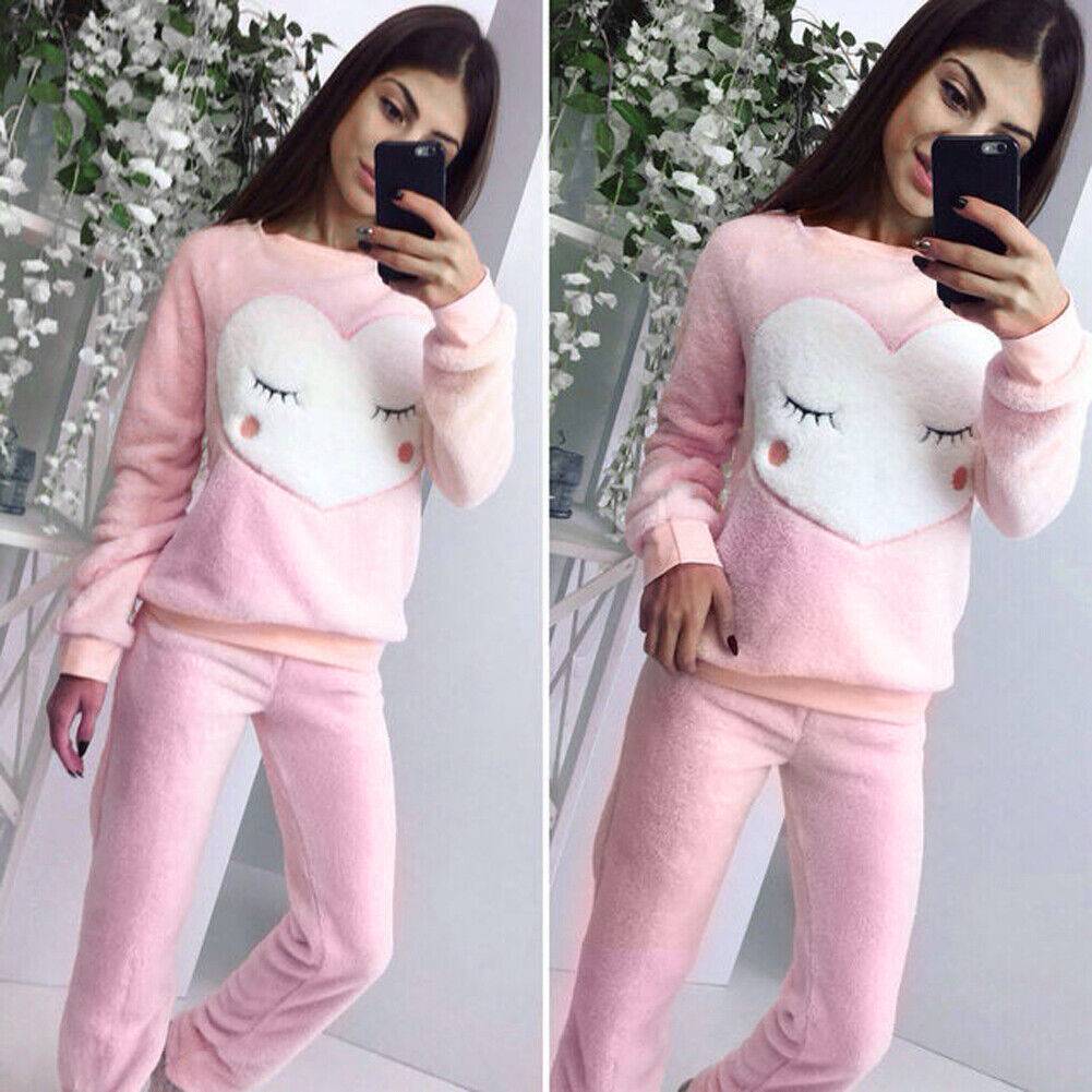 Women Pullover Two Pieces Sweatshirt Pants Trousers Outfits (Pink)(M)-12052