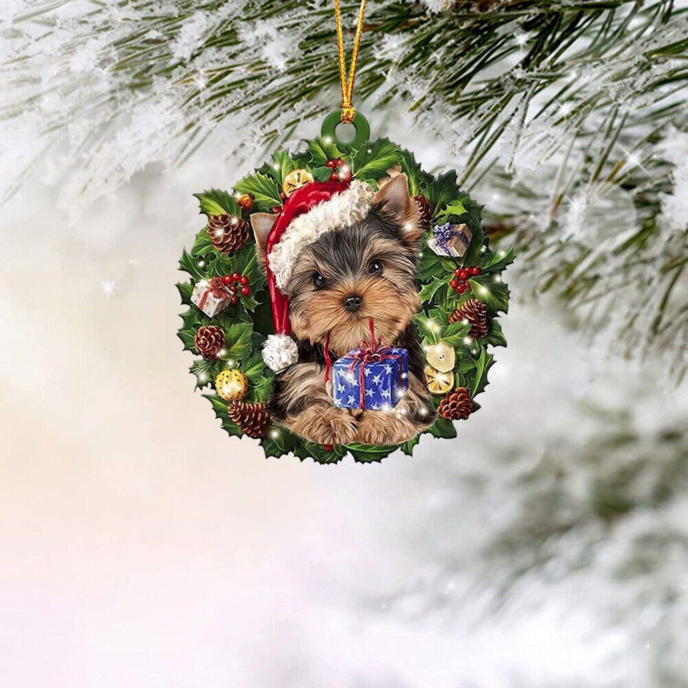 Christmas Wood Dog Wreath Pendant Home Wall Xmas Tree Festival Decor (A)
