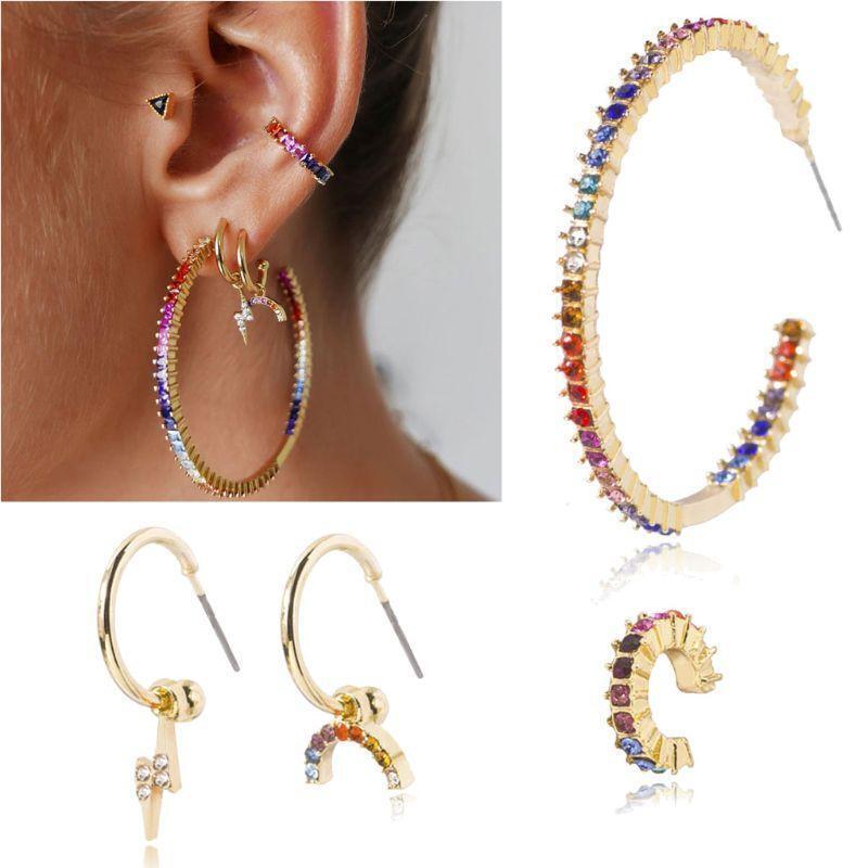 4Pcs CZ Stone Stud Earrings Kit Rainbow Crystal Hoop Earrings Fashion Jewelry