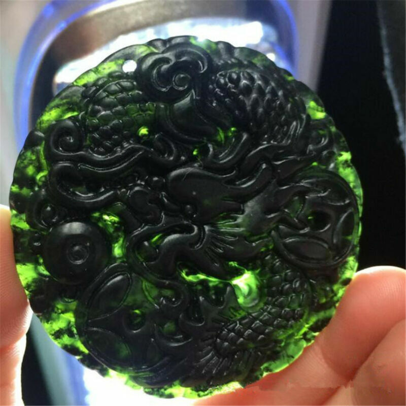 4.5cm Chinese Natural Black Dark Green Jade Carved Dragon Jade Round Pendant