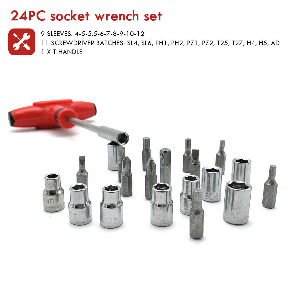 24pcs T-Handle Screwdriver Set Bits with Hex Head Drill Head Kit w/Sockets