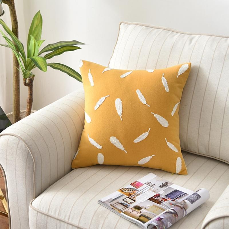 Nordic Yellow Cotton Linen Throw Pillow Case Tufted Embroidery White Feather Pat