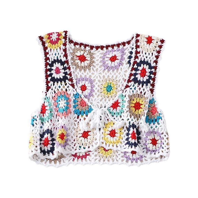 Women Boho Crochet Crop Vest Multicolor Plaid Sleeveless Lace-Up Short Cardigan