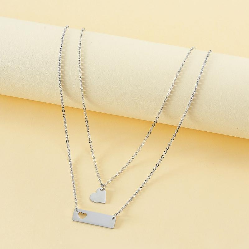 2Pcs Mother Daughter Bar Necklace Set Horizontal Bar Necklace with Cutout Heart
