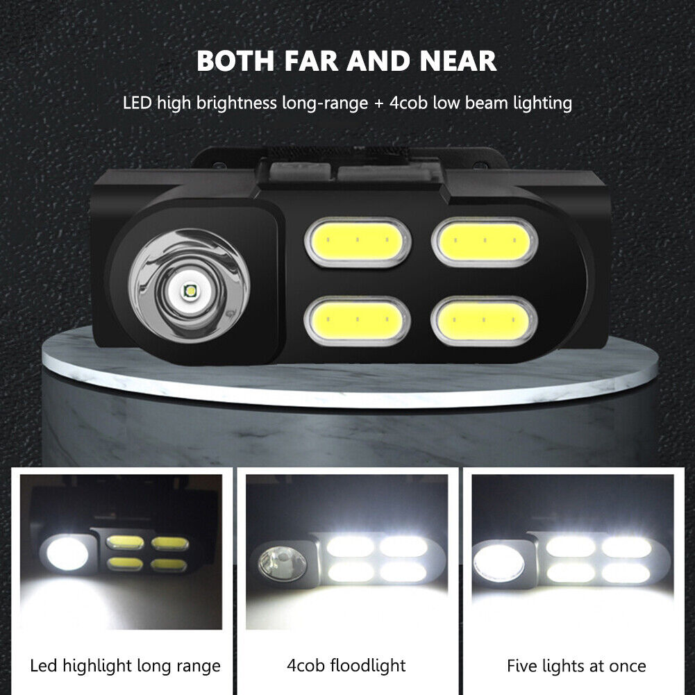 COB LED Headlamp Lamp Waterproof 4 Gears Induction Camping Hiking Headlight