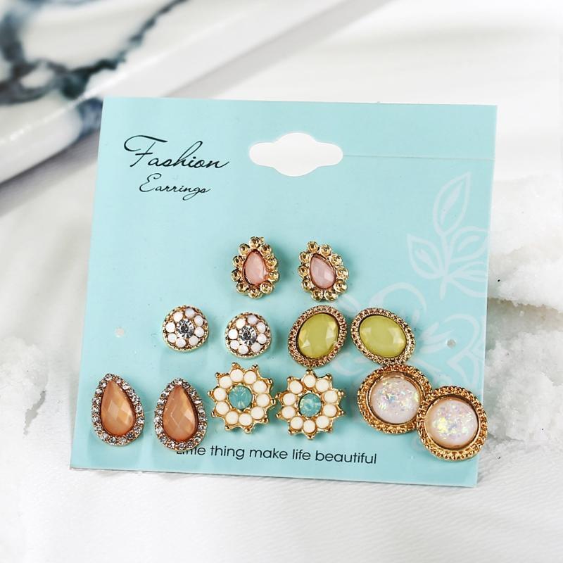 Bohemia Assorted Flower Opals CZ Stone Stud Earrings Set Women Statement Jewelry