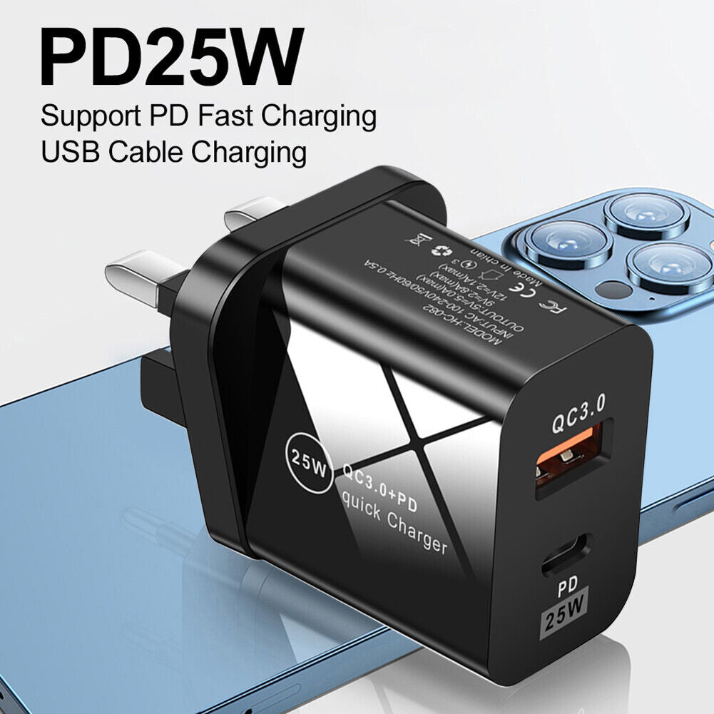 25W QC3.0+PD Dual Port Type-C Phone Fast Charger Charge Adapter (UK Black)