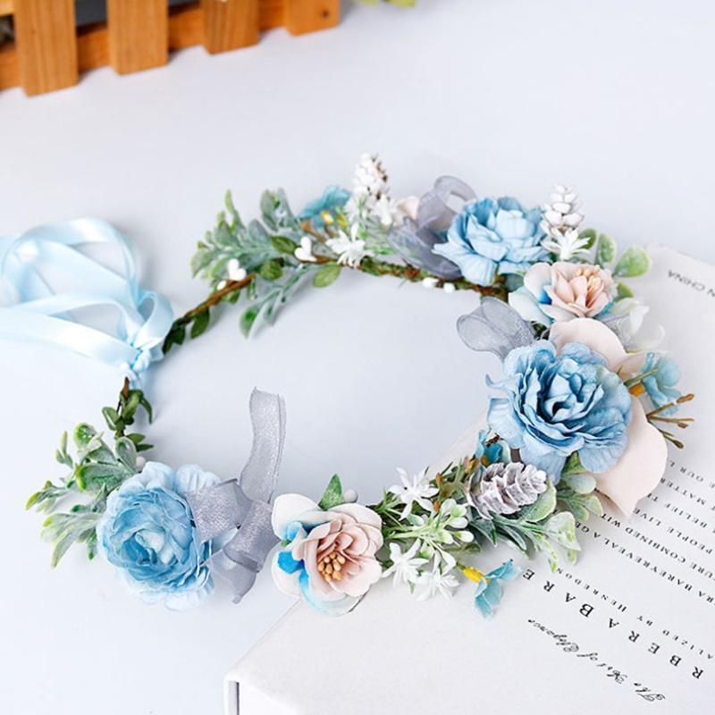 Bride Blue Flower Crown Hairband Wedding Floral Headband Garland Hair Accessory
