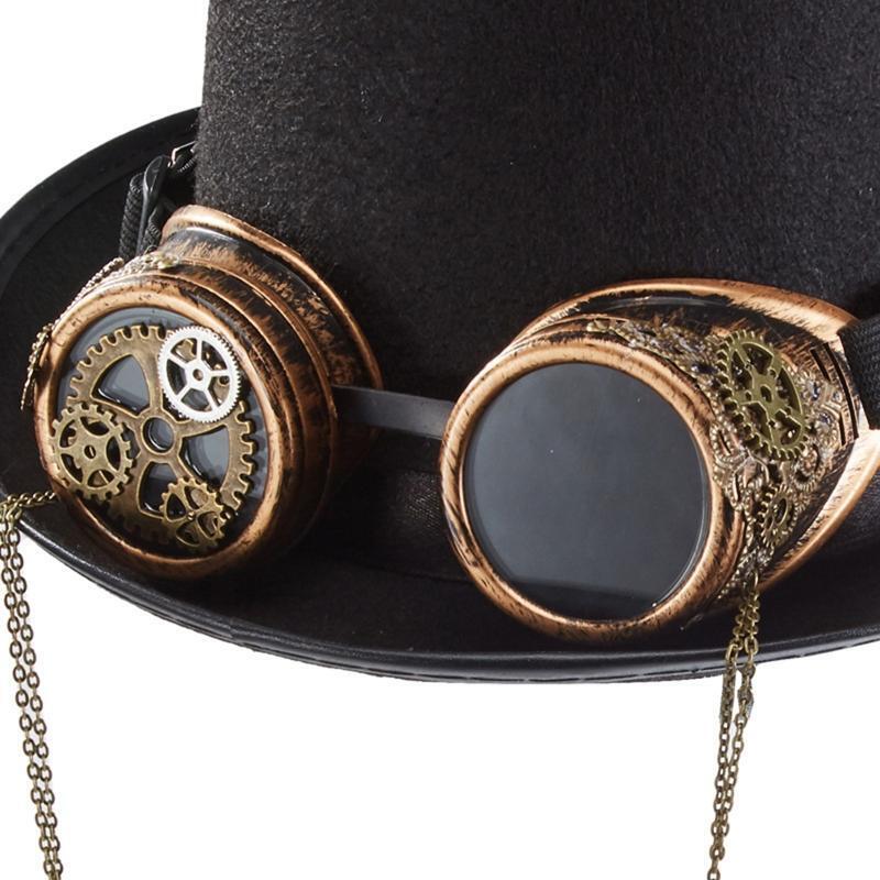 Steampunk Hat Victorian Gothic Gear Chain Top Jazz Hat with Detachable Goggles