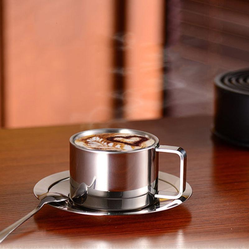 Stainless Steel Coffee Cup Set Double Walled Coffee Mugs with Saucer and Spoon
