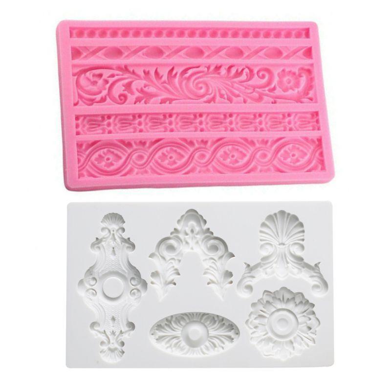 2 Pieces Baroque Style Lace Fondant Silicone Mold for Cake Cupcake Jewelry Decor