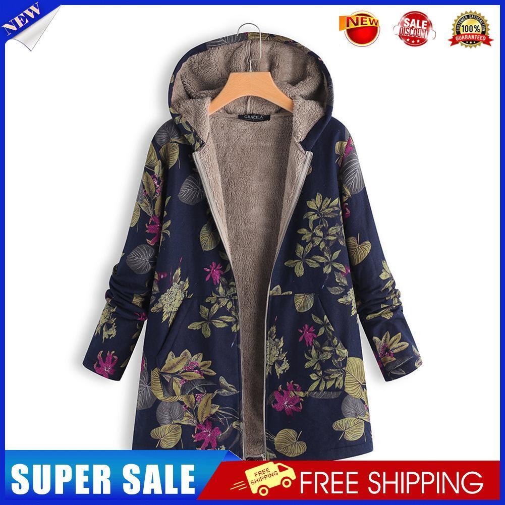 Women Long Sleeve Hooded Coat Zipper Casual Jacket Warm Parkas (Blue 5XL)