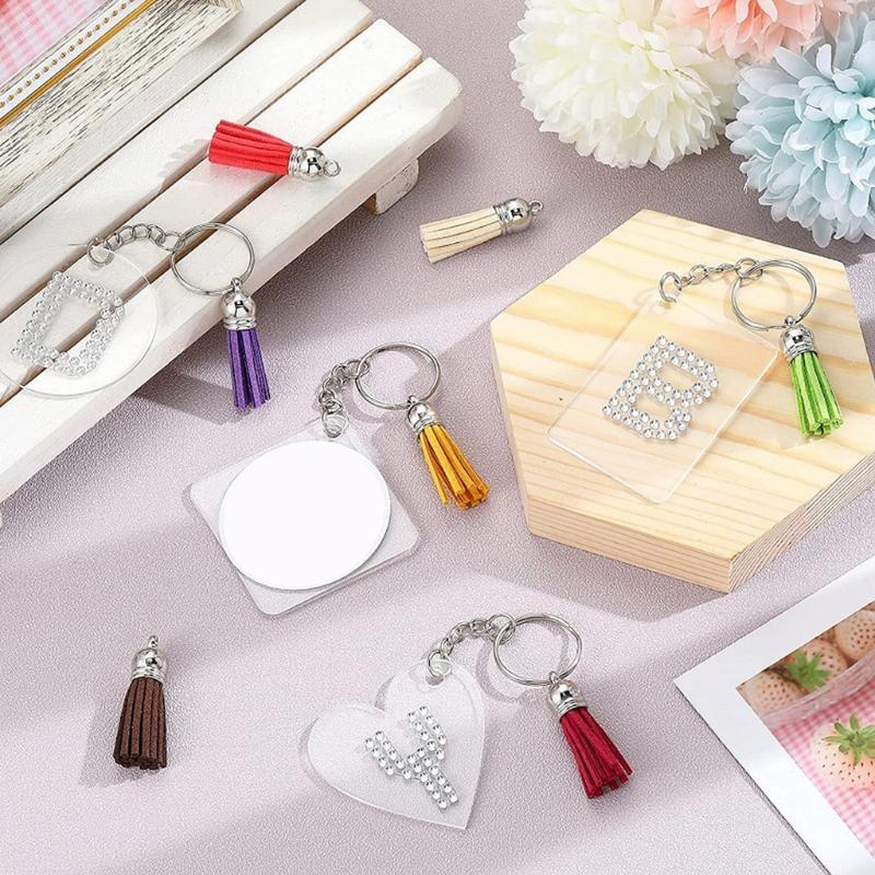 DIY Crafts Transparent Acrylic Leather Tassel Keychain Set Round Keychain Blank
