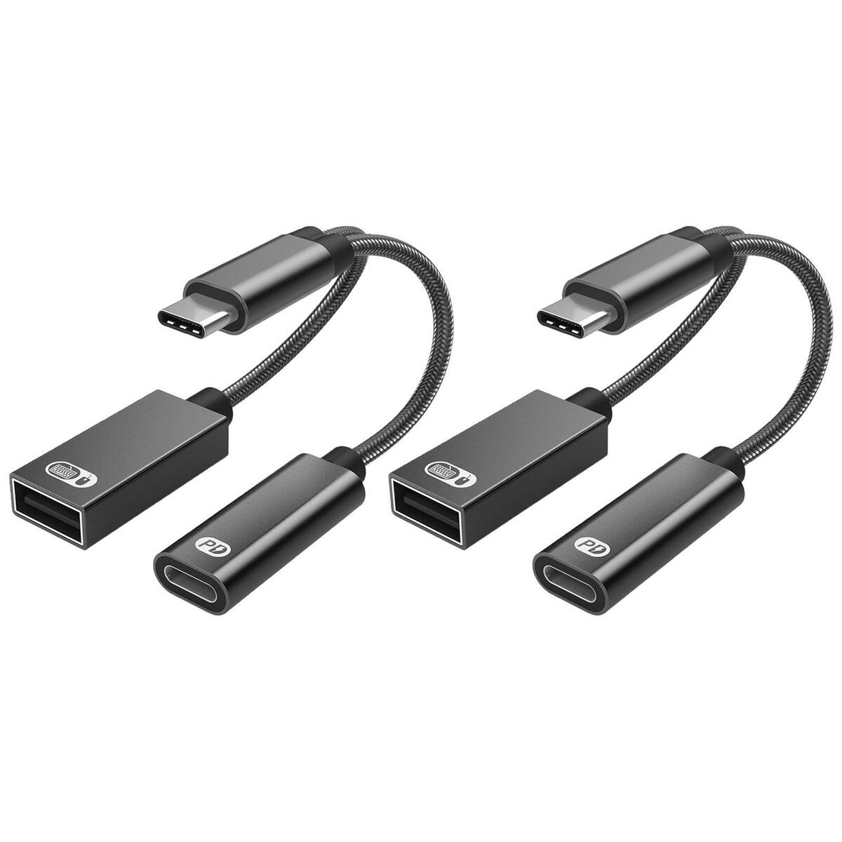 2x  OTG Adapter with Fast Charging Braided Cord PD 60W for Laptop black