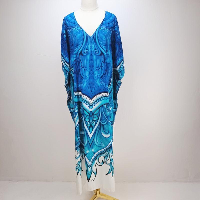 Women Beach Bikini Cover Up Robe V-Neck Kaftan Blue White Floral Maxi Long Dress