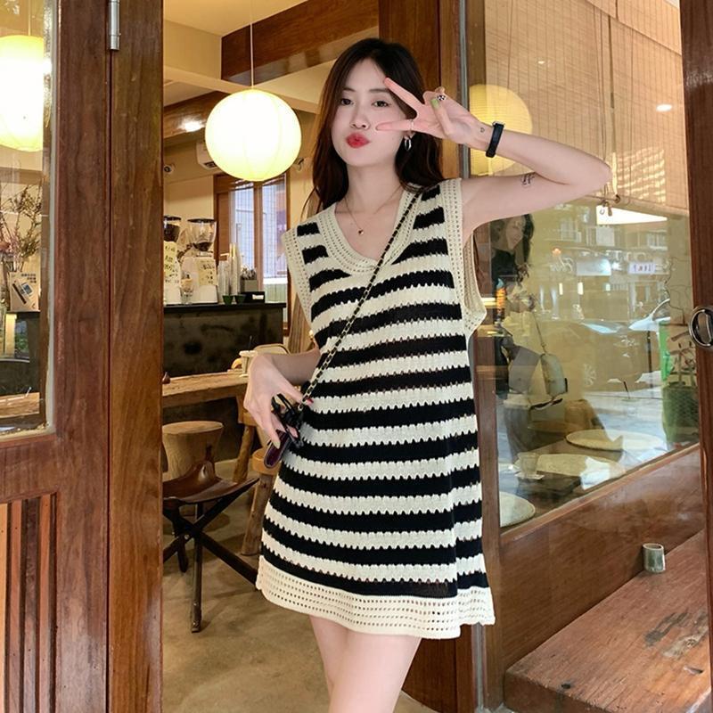Women Hollow Out Knit Sleeveless Striped Beach Holiday Loose Mini Sweater Dress