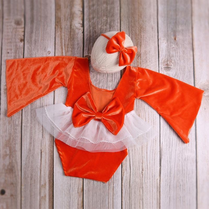 Newborn Baby Photography Clothes Soft Lace Neckline Velvet Romper Bow Hair Tie