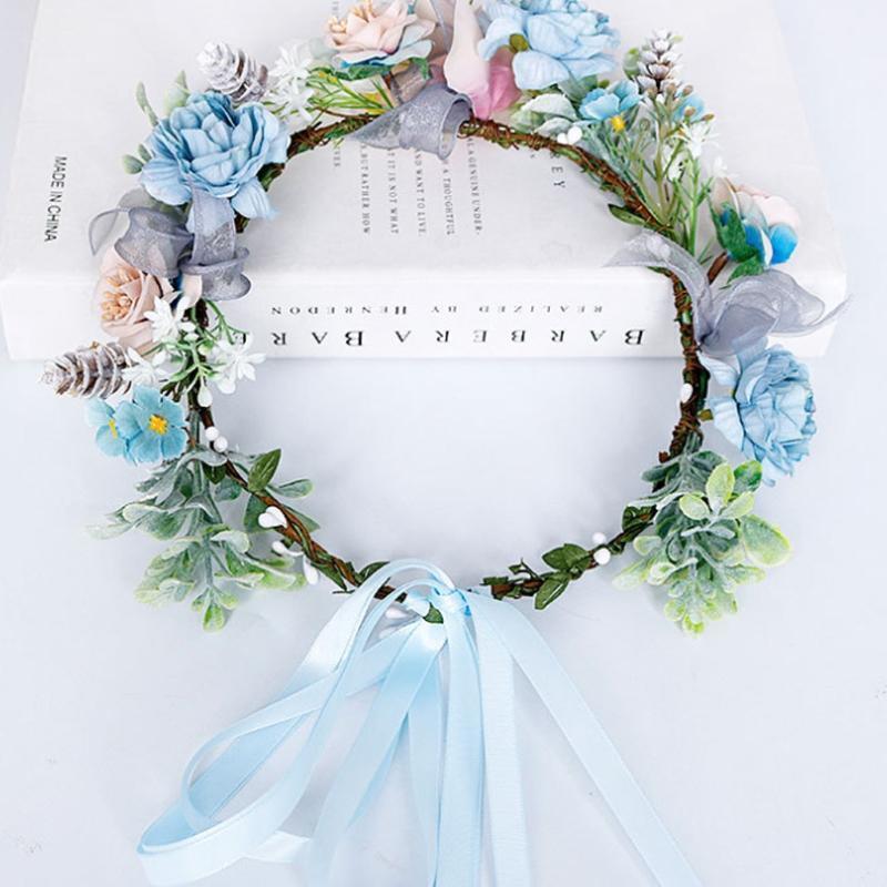 Bride Blue Flower Crown Hairband Wedding Floral Headband Garland Hair Accessory