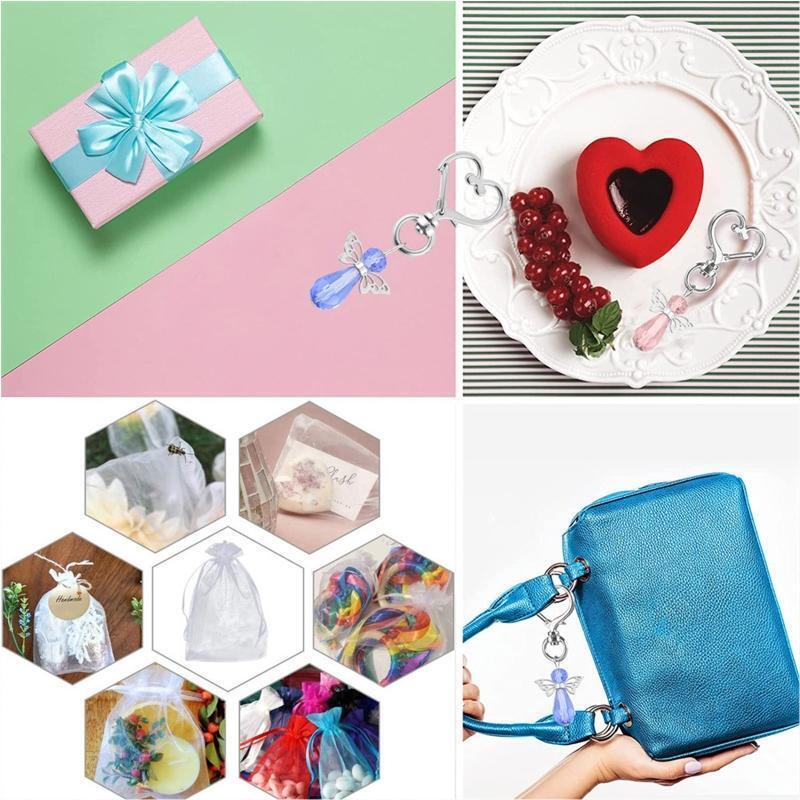 30 Set Angel Keychain Key Ring with Thank You Kraft Tag Drawstring Organza Bags