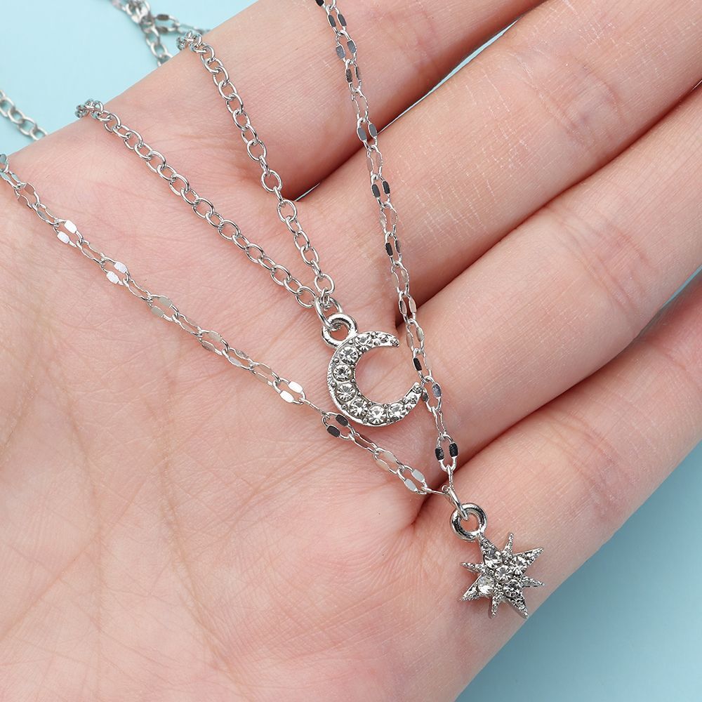 Double Chain Star Moon Necklace Sparkling Charm Clavicle Chain Pendant Choker