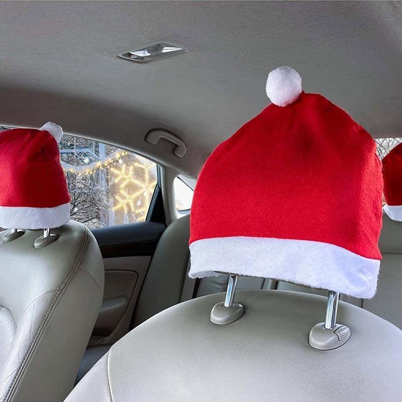 Christmas Santa Hat Car Headrest Cover 4pcs Home Holiday Party Backdrop Decor