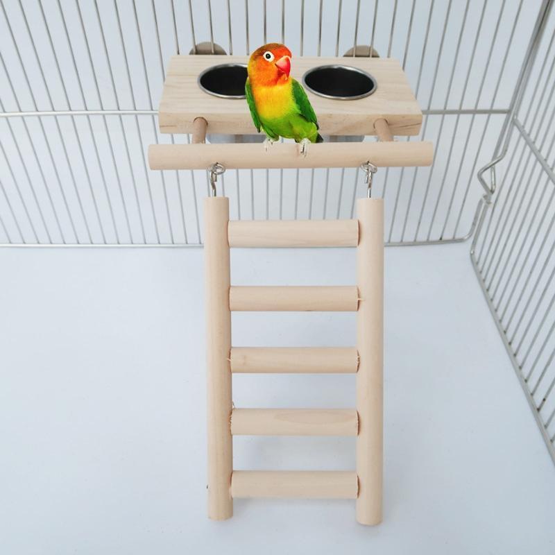 Parrot Feeding Bowls 2Pcs Stainless Steel Cups with Wood Platform and Ladder