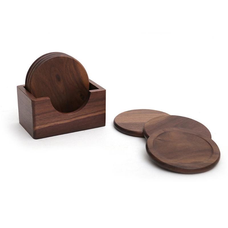 6Pcs/Set Walnut Wood Coasters Placemats Decor Round Heat Resistant Drink Mat Pad