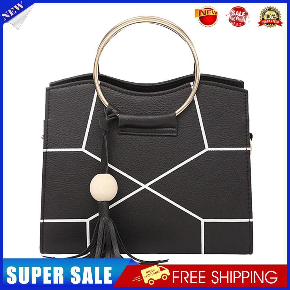 Women PU Leather Floral Printed Tassel Handbag Crossbody Shoulder(Black)